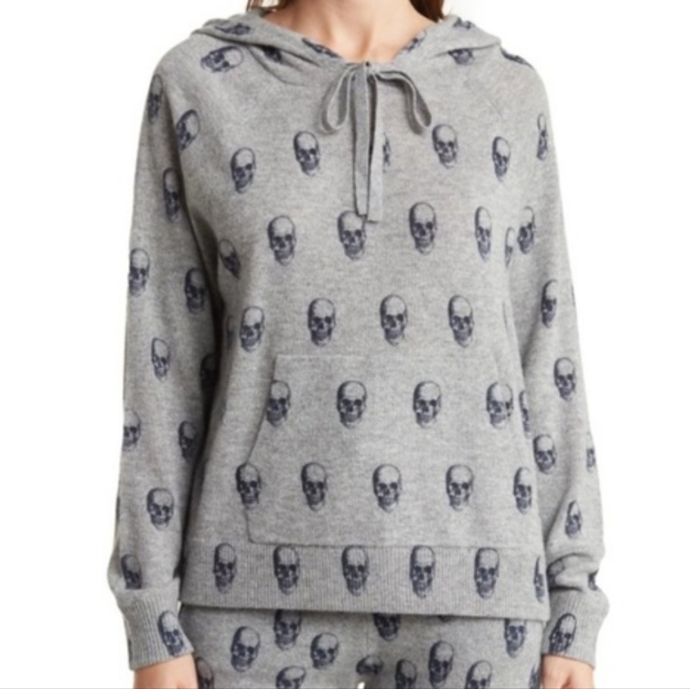 Skull Cashmere 100% Cashmere Grey Skull-Print Hoodie Pull-Over Sweater